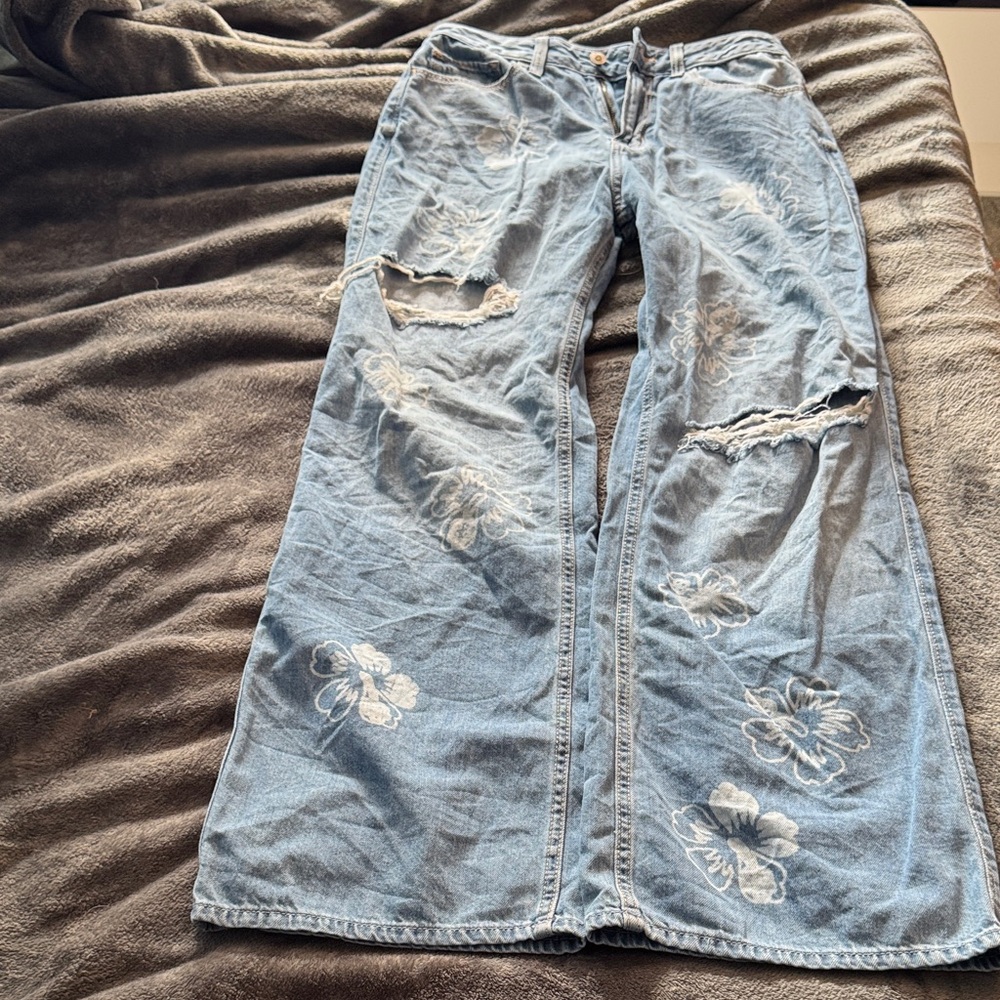 Floral Distressed Blue Jeans